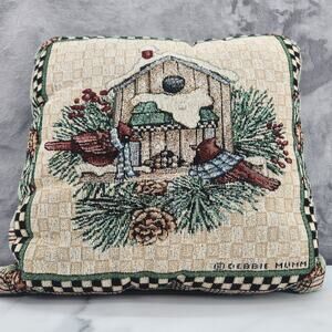 Birdhouse tapestry square pillow Debbie Mumm 15" x 15" winter scene cardinals